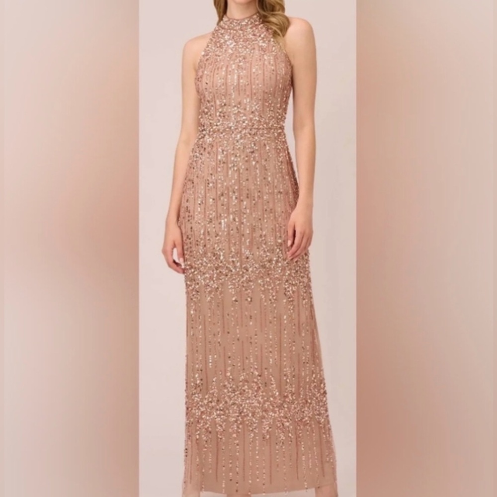 Adrianna Papell Beaded Column Gown With Mock Neckline